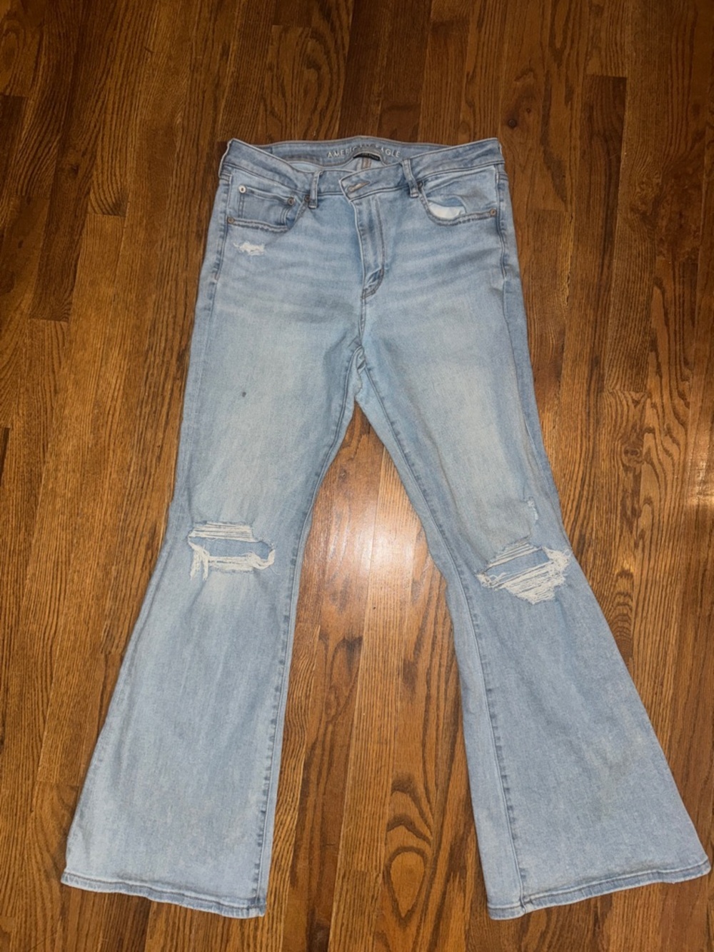 American Eagle Light Wash Women's Distressed Low Rise Flare Jeans